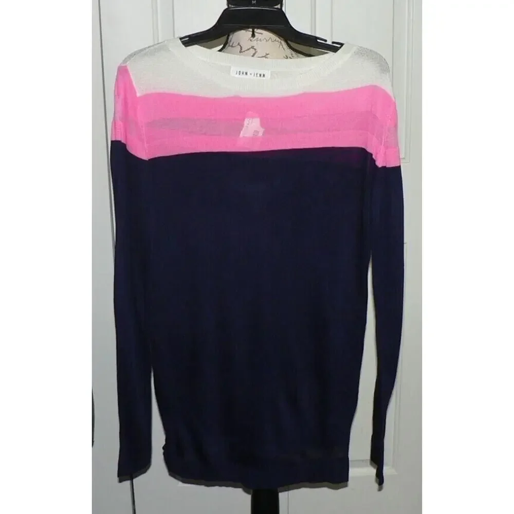 John + Jenn Lightweight Sheer Stripe Sweater Mini Dress Navy/Pink/Wht Medium $99